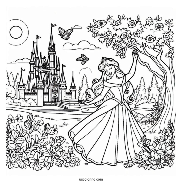 Disney Princess Aurora In Spring Coloring Page Garden Outside The Castle