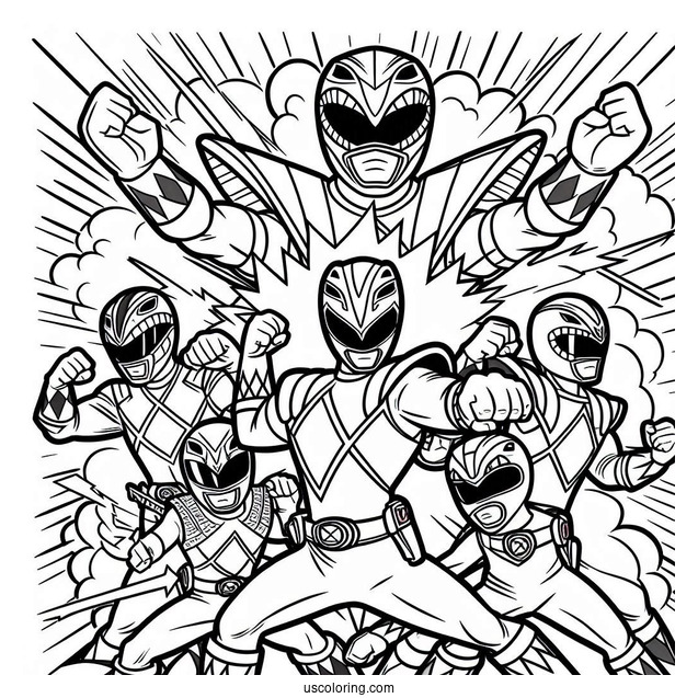 Coloring Page Of Power Rangers Fighting Together