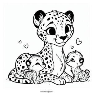 Mama Cheetah Coloring Page With Her Babies
