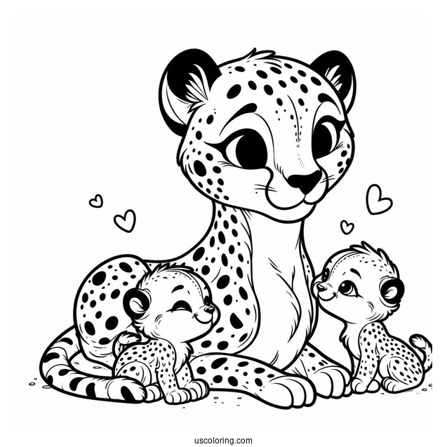 Mama Cheetah Coloring Page With Her Babies