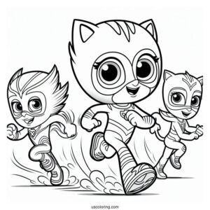 PJ Masks Coloring Page Of Owlette, Catboy, And Gekko Running Fast