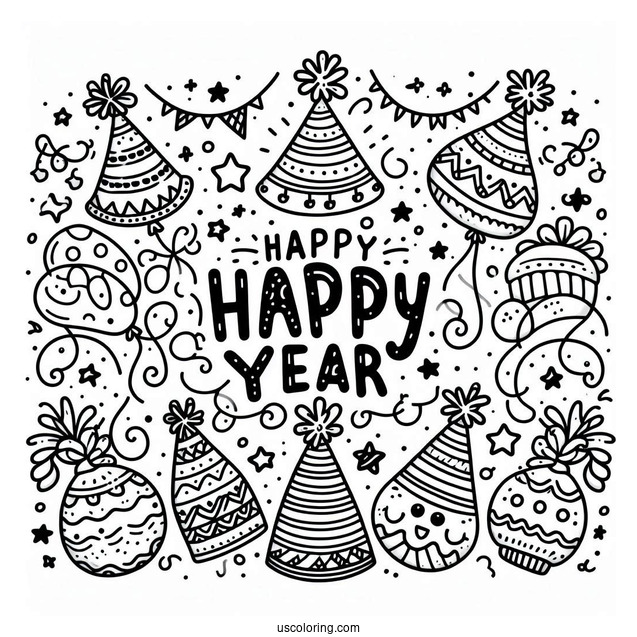 Simple Happy New Year Coloring Page Of Words With Cartoon Party Hats For Kids