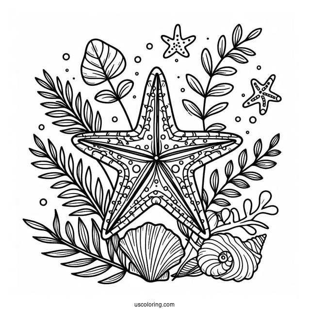 Starfish Coloring Page With Seashells And Seaweeds