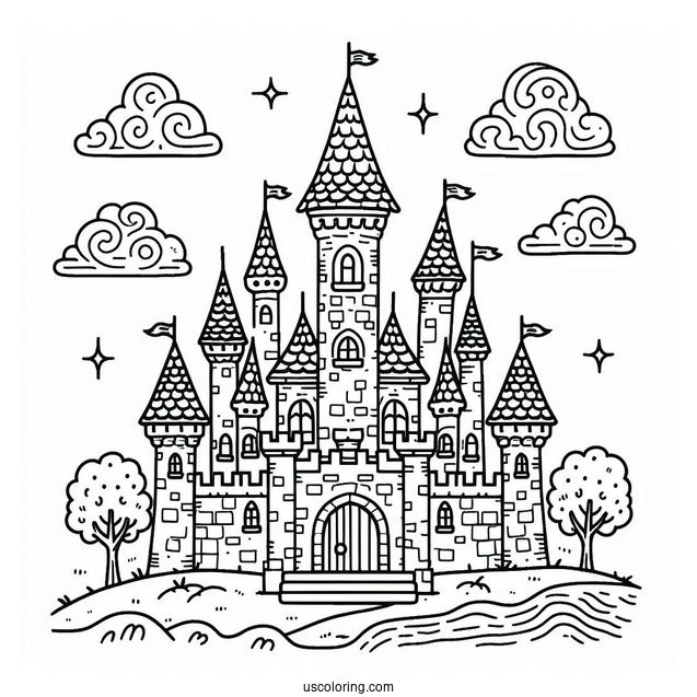Outline Of Castle Coloring Page For Preschoolers