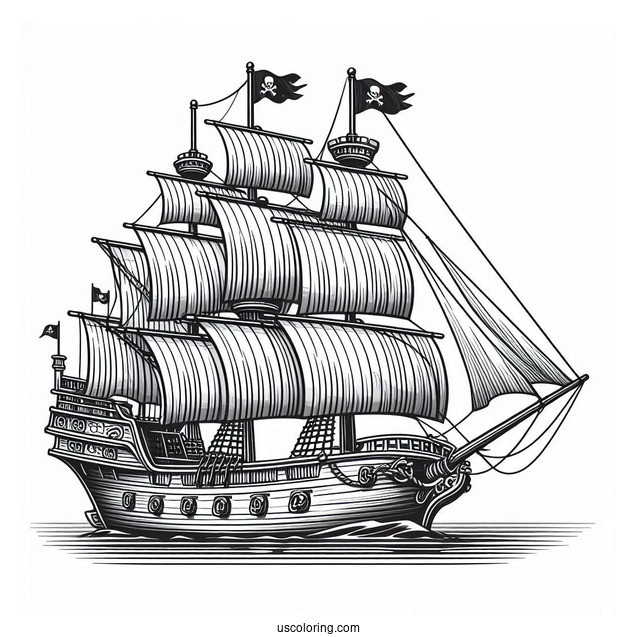 Front View Of A Realistic Pirate Ship Coloring Page