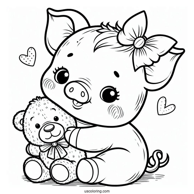 Baby Piglet Coloring Page Holding A Teddy Bear For Preschoolers