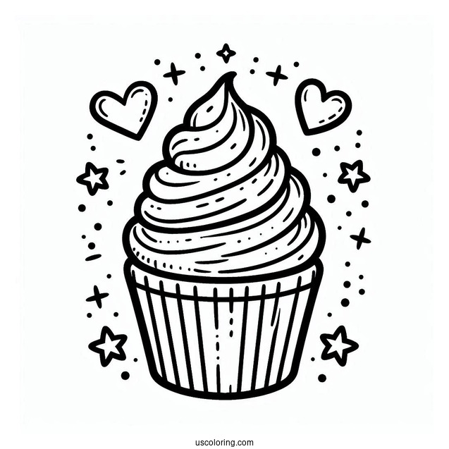 Cupcake With Stars And Love Heart To Color