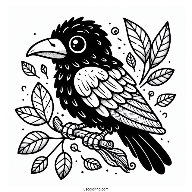 Baby Raven Coloring Page With Leaves For Kids