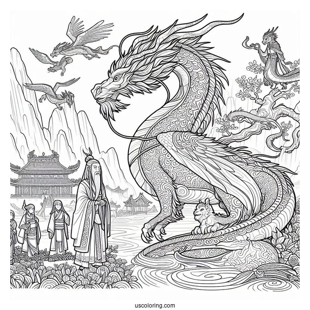 Raya And The Last Dragon Coloring Page Of Sisu, Raya, Boun, Tong, Noi, And The Ongis