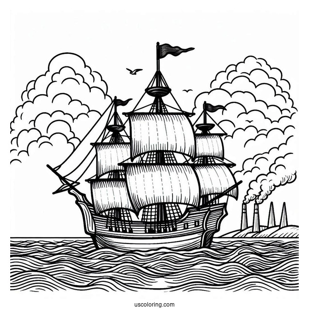 Pilgrim Coloring Page Mayflower Sailing At Sea