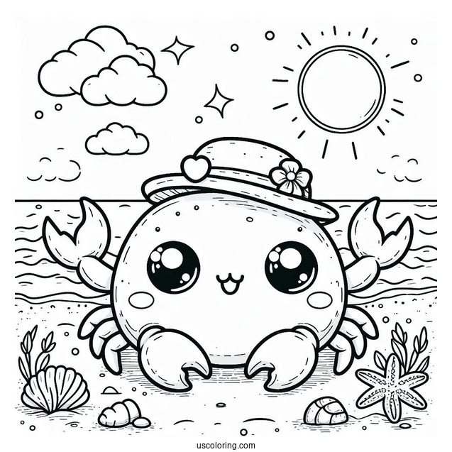 Kawaii Crab On The Beach Coloring Sheet For Kids