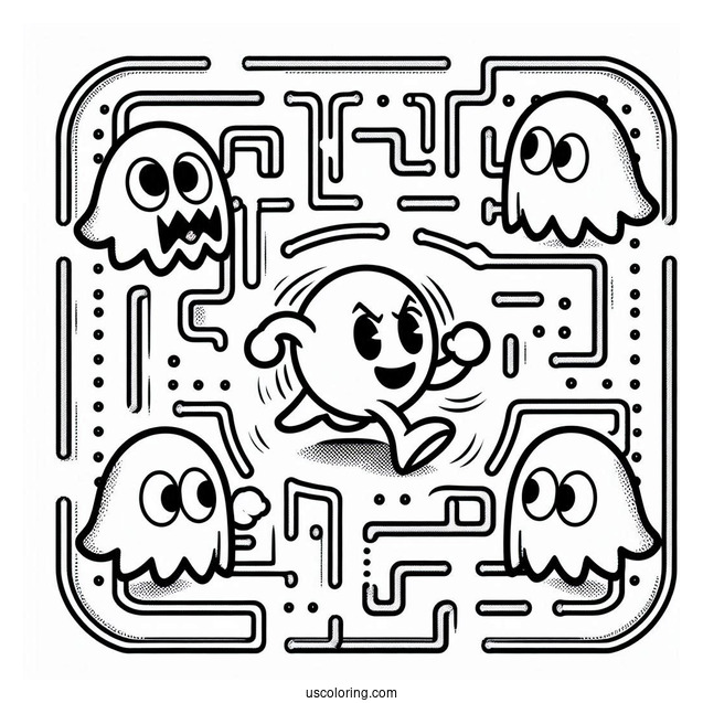 Inky, Blinky, Pinky, And Clyde Ghosts Chasing Pac-Man Coloring Page In Maze