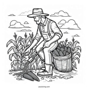 Easy To Color Picture Of Farmer Harvesting Corn