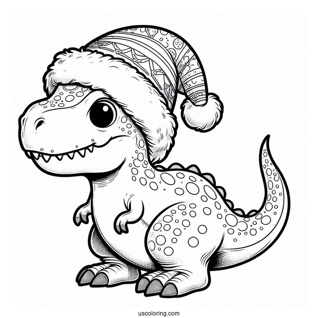 Christmas Themed T-Rex With Santa Hat To Color