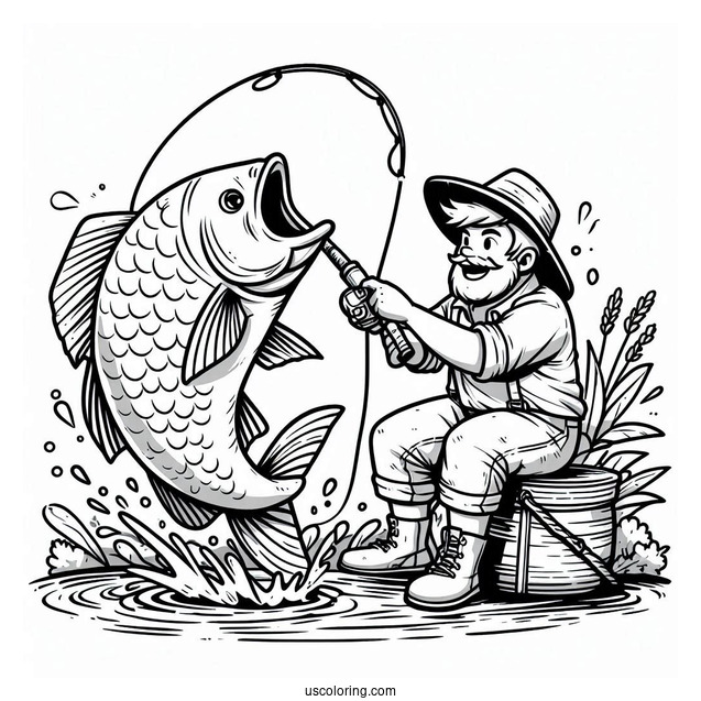 Fishing Coloring Page Of Cartoon Man Catching A Large Fish