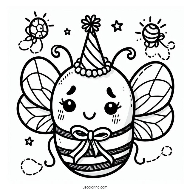 Bee Coloring Page Wearing Party Hats For Birthday Celebration