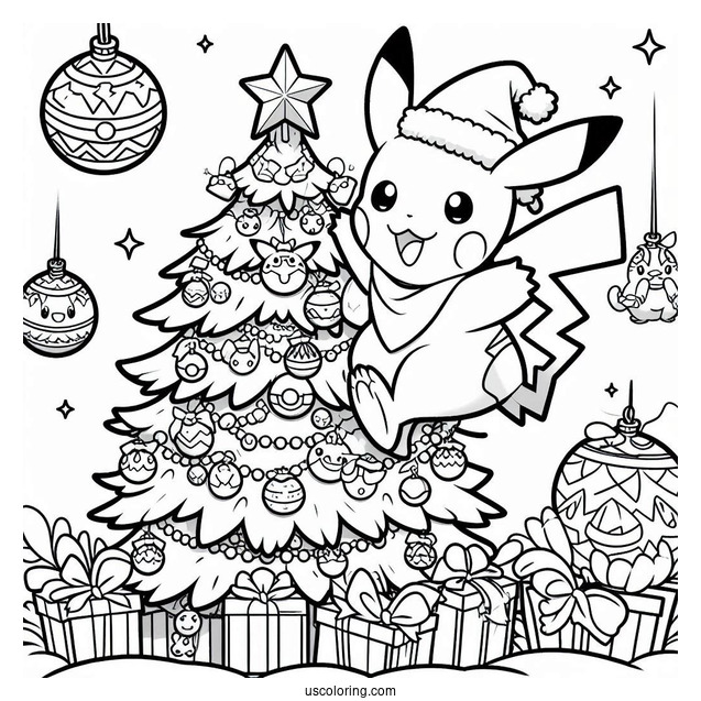 Pokemon Christmas Coloring Page Pikachu On Top Of A Christmas Tree With Pokemon Ornaments
