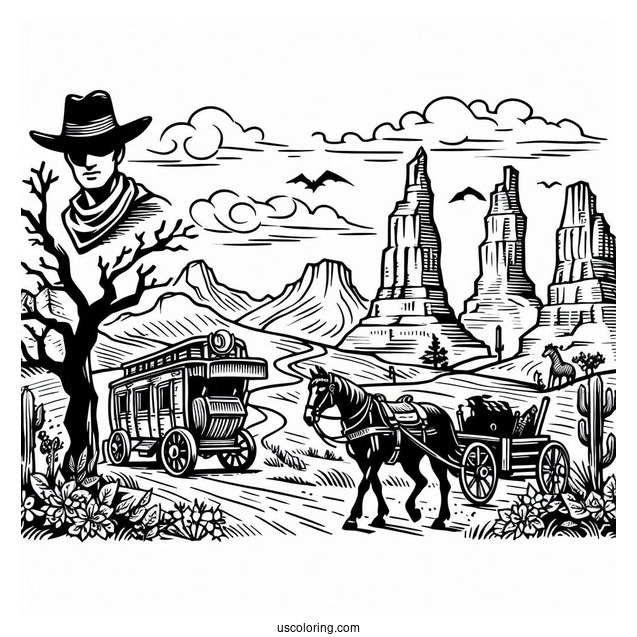 Cowboy Coloring Page Of Wild Wild West Landscape