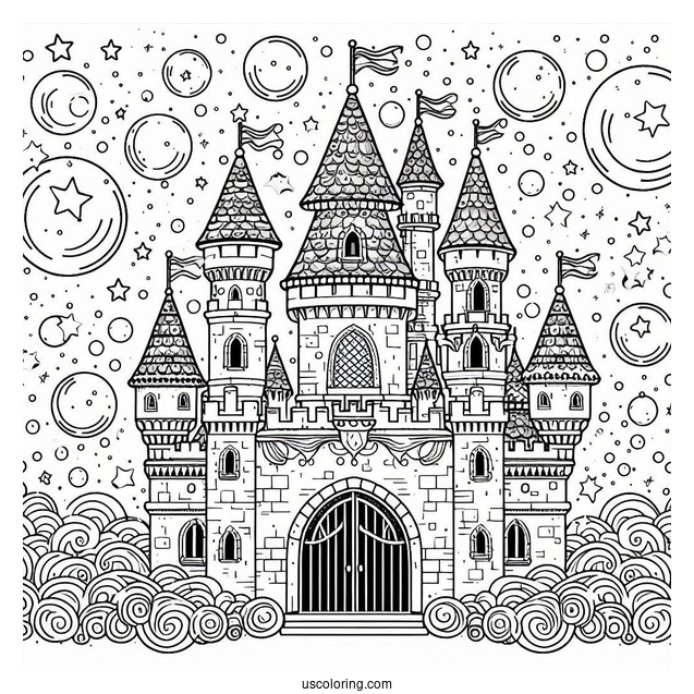 Magical Castle Coloring Page With Bubbly Background