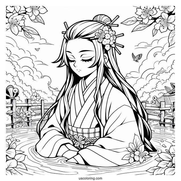 Tanjiro Coloring Page With Nezuko Kamado Surrounded By Water And Cherry Blossoms