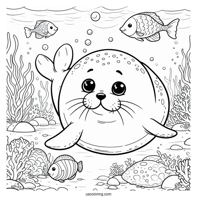 Happy Seal Coloring Page Underwater With Fish