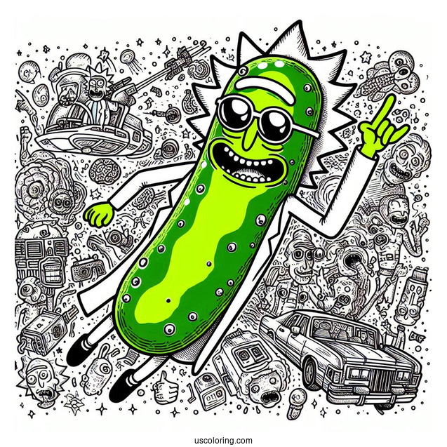 Detailed Trippy Pickle Rick Coloring Picture