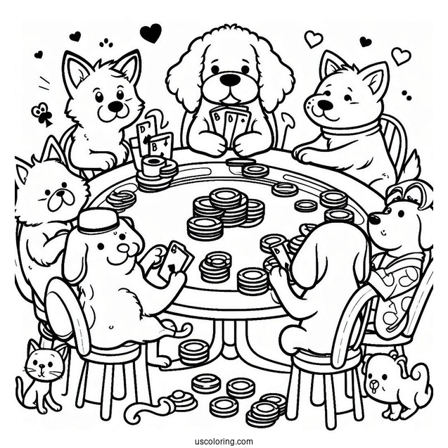 Funny Coloring Page Of Dogs Playing Poker