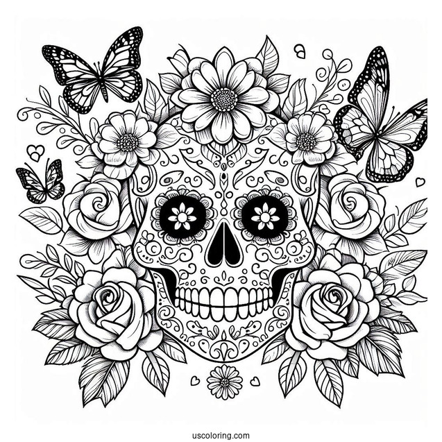 Detailed Sugar Skulls Coloring Page With Flowers And Butterflies