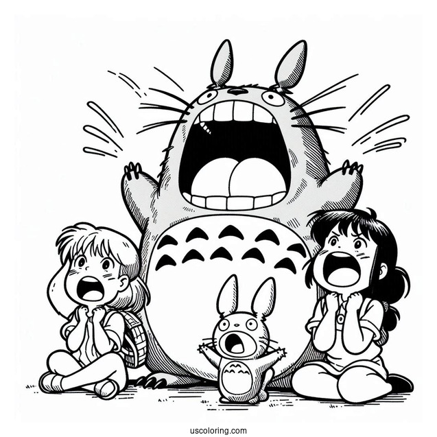 Studio Ghibli Coloring Page of Totoro, Catbus, Mei, And Satsuki Screaming