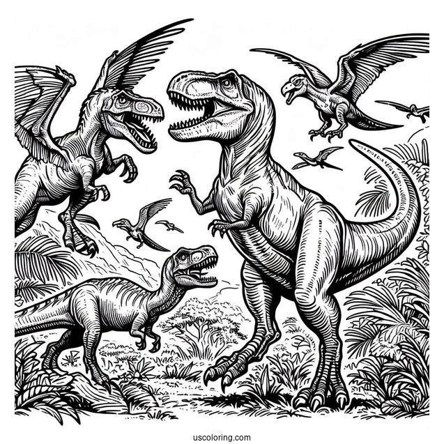 T-Rex Dinosaurs Fighting Velociraptors To Color