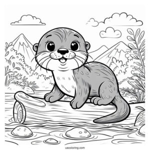 Cartoon Otter Coloring Page Swimming In River For Kids