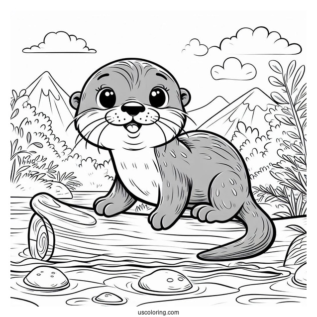 Cartoon Otter Coloring Page Swimming In River For Kids