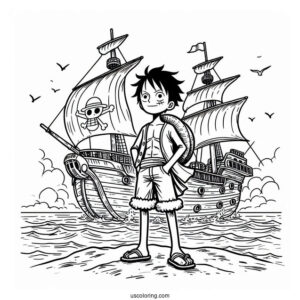 Luffy Coloring Page In Iconic Pose Standing In Front Of Going Merry Ship