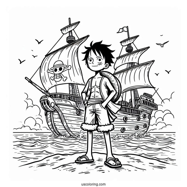 Luffy Coloring Page In Iconic Pose Standing In Front Of Going Merry Ship