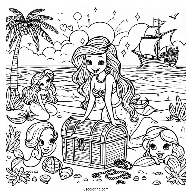 Treasure And Ariel Playing At The Beach Coloring Page