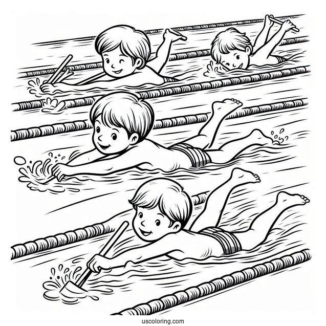 Swimming Coloring Page Of Children Holding Onto Lane Lines While Paddling Feet