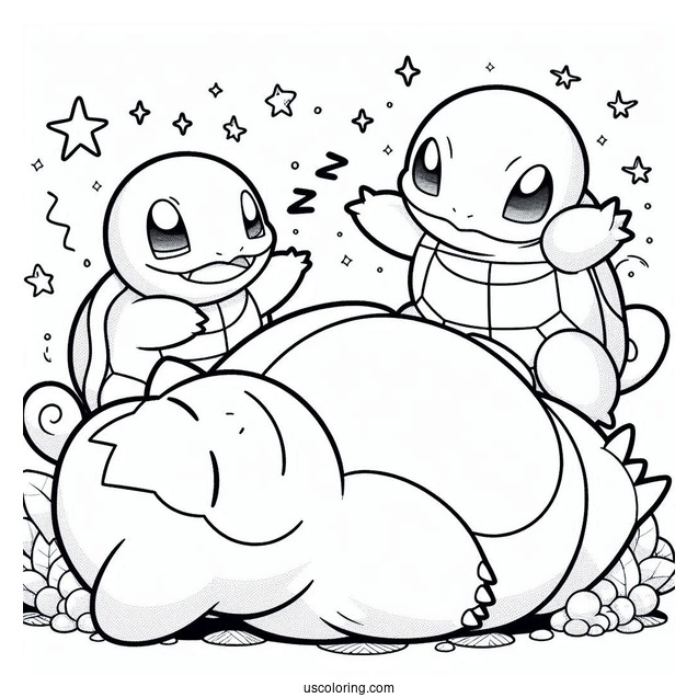 Squirtle And Lilligant Fighting On Stop Of Sleeping Snorlax Coloring Page