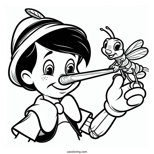 Pinocchio Coloring Page Holding Up Jiminy Cricket On His Elbow