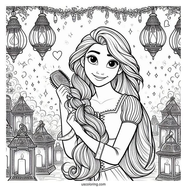 Rapunzel Brushing Hair With Lanterns In The Background