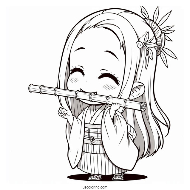 Cute Chibi Nezuko Coloring Page Biting Down Bamboo