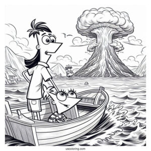 Phineas And Ferb Coloring Page With Isabella Watching Volcanic Eruption From Boat