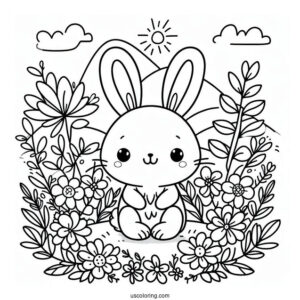 Pretty Little Easter Bunny Coloring Page In Flower Field For Kids