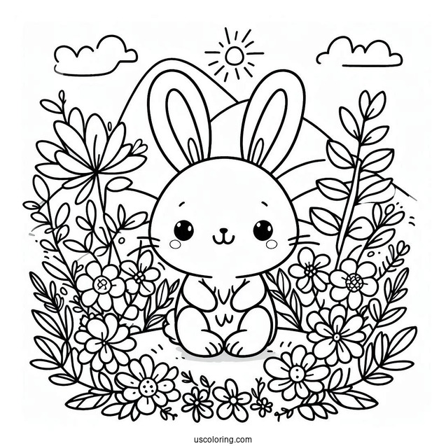 Pretty Little Easter Bunny Coloring Page In Flower Field For Kids