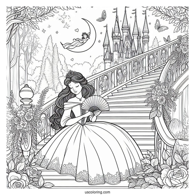 Sleeping Beauty Coloring Page On The Staircase With Belle Holding Fans