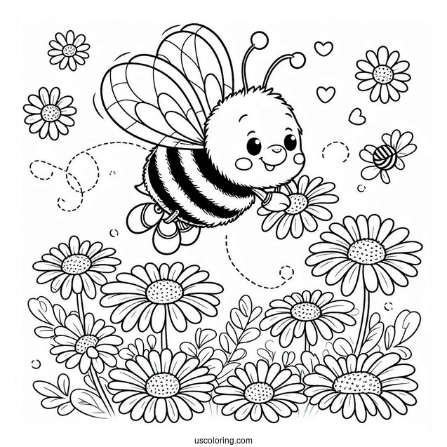Happy Bee Coloring Page Flying Over Daisies