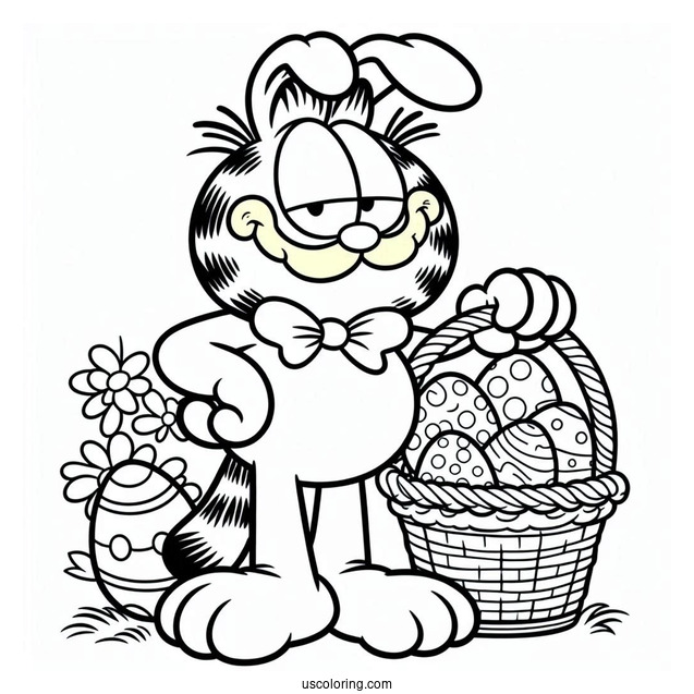 Easter Coloring Page Of Garfield Dressed As Easter Bunny With Basket Of Easter Eggs For Kids