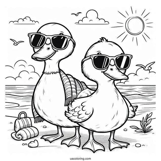 Two Ducks Wearing Sunglasses At The Beach