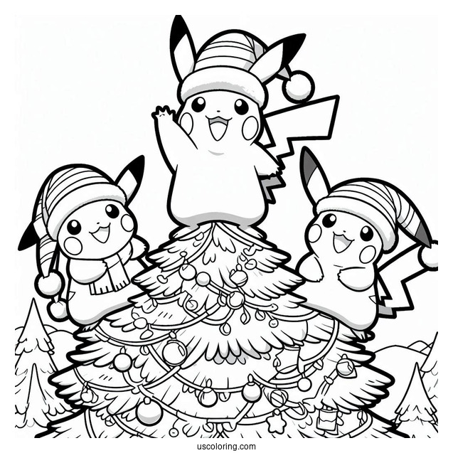 Pokemon Christmas Coloring Page Pikachu Waving From On Top Of A Christmas Tree For Kids