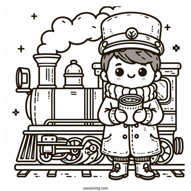 Polar Express Coloring Page Of Cartoon Conductor Holding A Cup Of Hot Coco For Kids