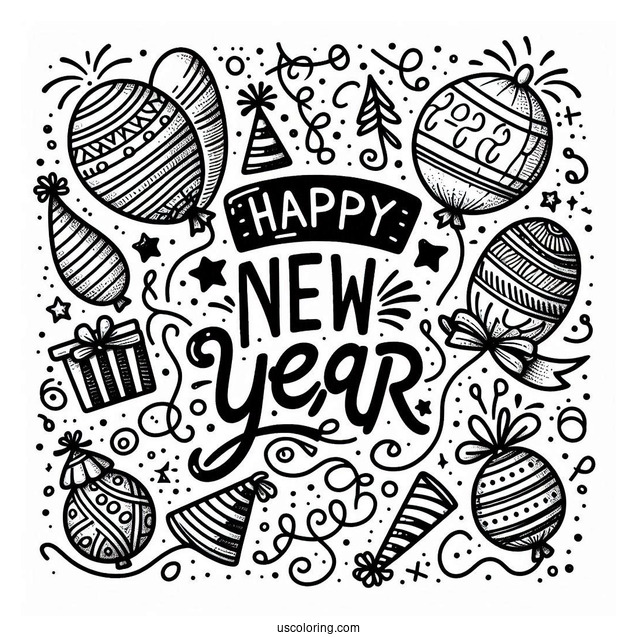 Happy New Year Coloring Page Of Words With Balloons, Party Hats, And Confetti